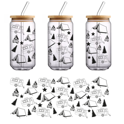 A whimsical pattern featuring retro campers, tents, trees, and stars, perfect for camping enthusiasts and outdoor adventures.UV Transfersdtf regular iron