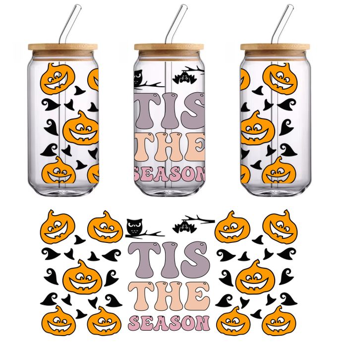 A whimsical Halloween-themed graphic featuring cheerful pumpkins and playful text that reads "Tis the Season" in festive colors.UV Transfers dtf prints