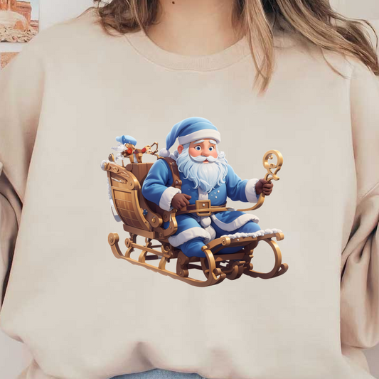 A cheerful Santa Claus in a blue outfit sits in a wooden sleigh, ready for holiday adventures with his helper.DTF Transfersdtf regular iron