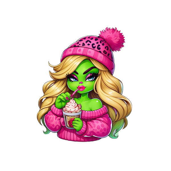 Celebrating a vibrant style, this playful green character enjoys a sweet treat while sporting a cozy pink sweater and hat.DTF Transfers dtf prints