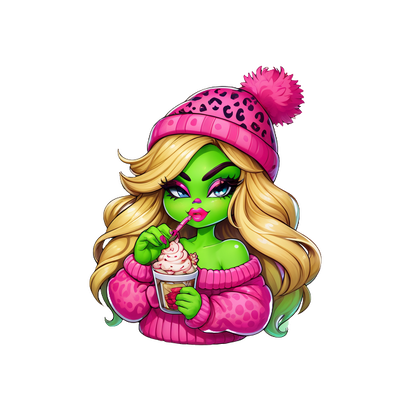 Celebrating a vibrant style, this playful green character enjoys a sweet treat while sporting a cozy pink sweater and hat.DTF Transfers dtf prints