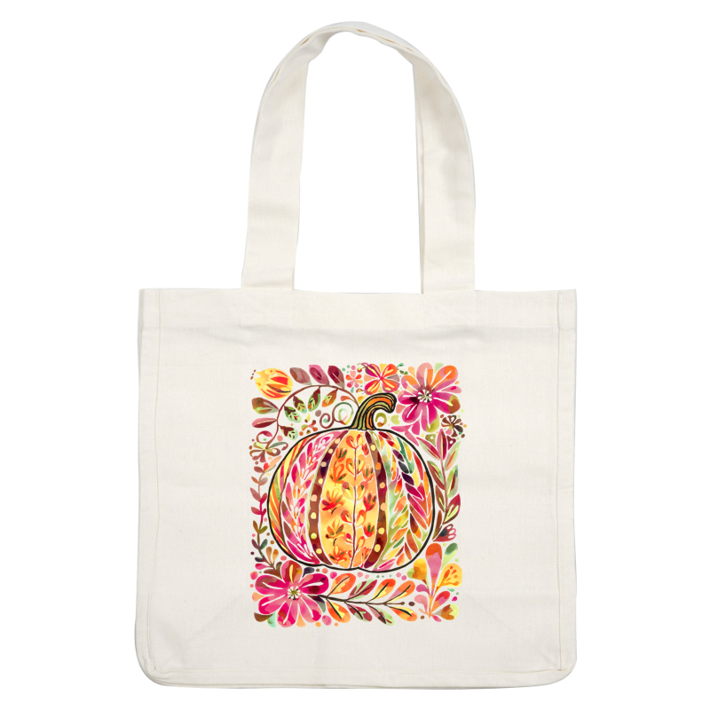 A vibrant watercolor illustration of a pumpkin surrounded by colorful flowers and foliage.DTF Transfers