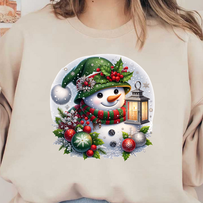 A cheerful snowman wearing a green hat and striped scarf, surrounded by festive ornaments and a glowing lantern, captures holiday spirit.DTF Transfers dtf transfers