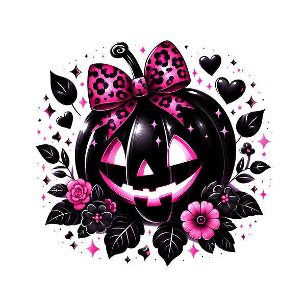 A charming black pumpkin with a pink leopard print bow, surrounded by vibrant flowers and whimsical hearts, perfect for Halloween! heat press transfers