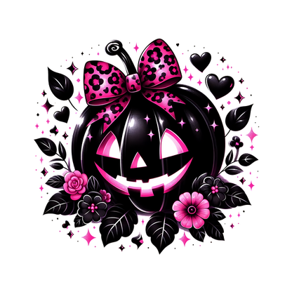 A charming black pumpkin with a pink leopard print bow, surrounded by vibrant flowers and whimsical hearts, perfect for Halloween! heat press transfers