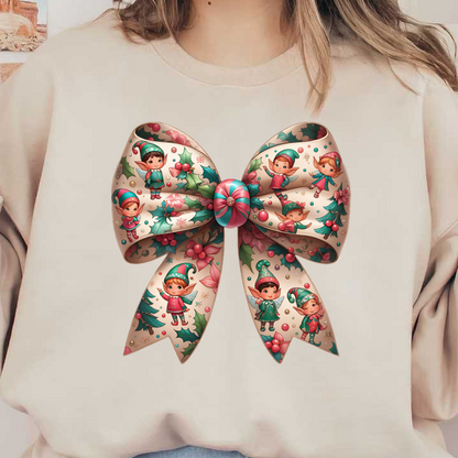 This whimsical Christmas bow features playful elves and festive holly, perfect for adding charm to holiday decorations.