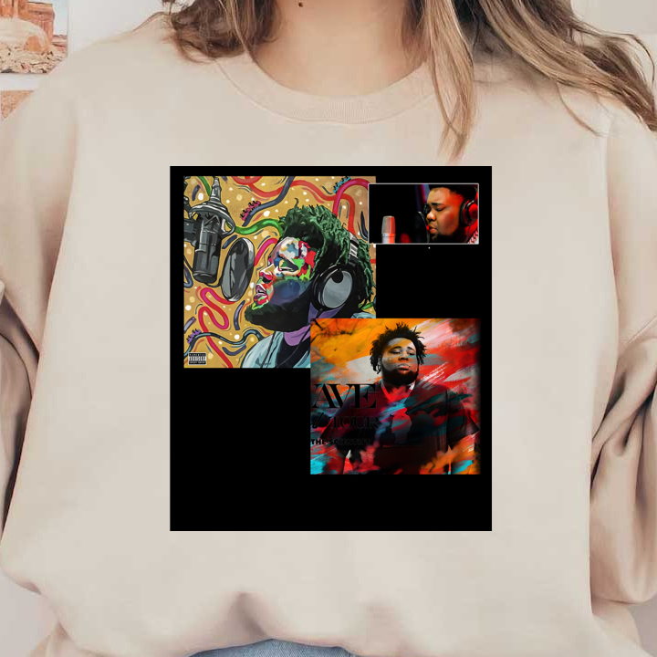 A vibrant collection showcasing artistic album covers and a live performance image featuring a dynamic artist in a recording studio.DTF Transfers heat press transfers