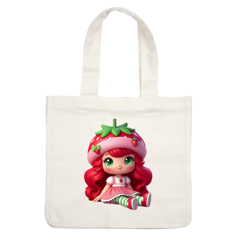 Meet the adorable strawberry-themed doll with vibrant red hair, big green eyes, and a cute strawberry hat and dress!DTF Transfers