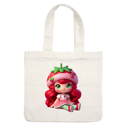 Meet the adorable strawberry-themed doll with vibrant red hair, big green eyes, and a cute strawberry hat and dress!DTF Transfers