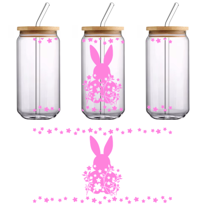 A cute pink bunny adorned with flowers, surrounded by a decorative floral border, perfect for springtime themes.UV Transfersdtf regular iron