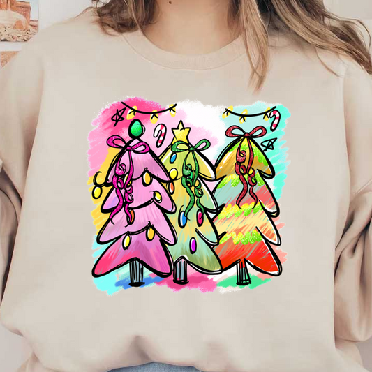 Colorful, whimsical Christmas trees with decorations and ribbons, perfect for festive vibes!DTF Transfers