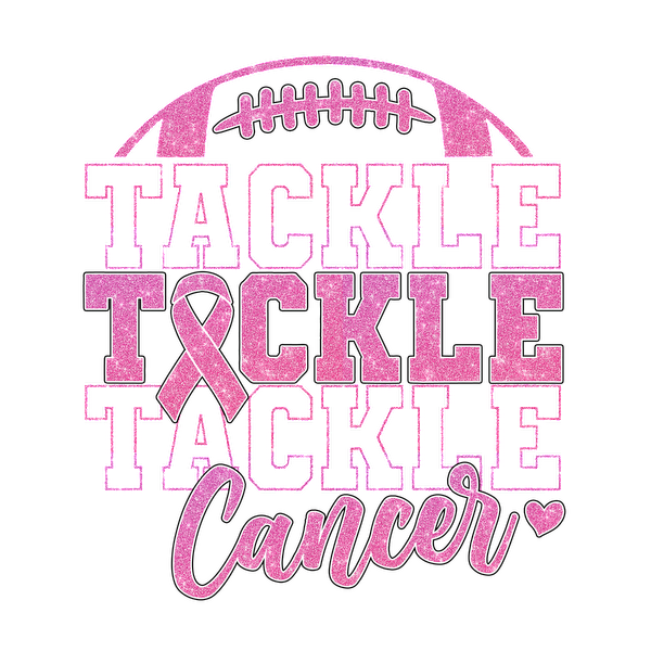 Un gráfico vibrante que presenta la frase "Tackle Cancer", adornado con una cinta rosa y un diseño de fútbol.