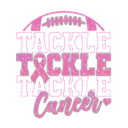 Un gráfico vibrante que presenta la frase "Tackle Cancer", adornado con una cinta rosa y un diseño de fútbol.