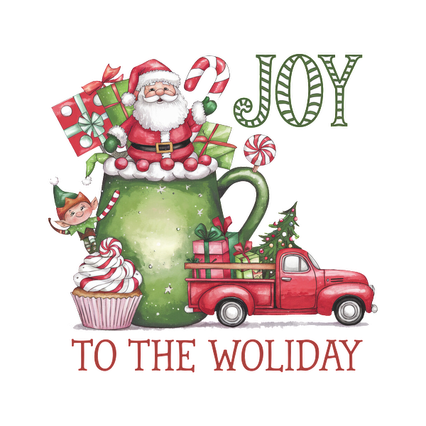 A festive design featuring Santa, an elf, a red truck, and holiday treats, celebrating joy during the season. heat press transfers