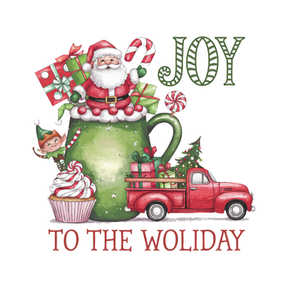 A festive design featuring Santa, an elf, a red truck, and holiday treats, celebrating joy during the season. heat press transfers