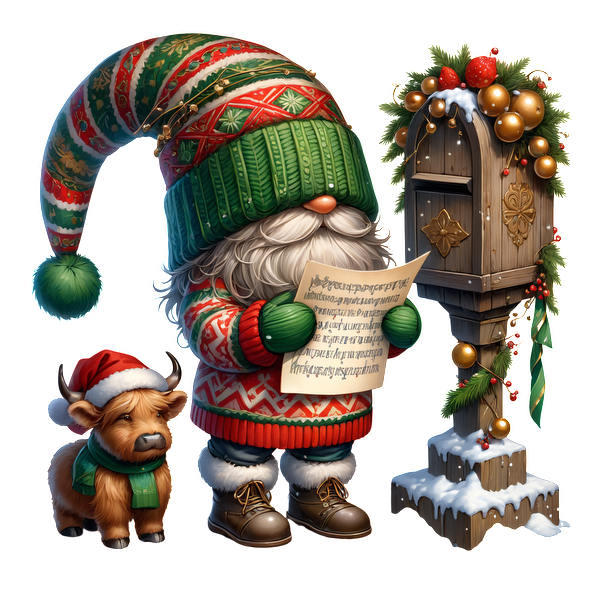 A cheerful gnome in festive attire holds a letter next to a decorated mailbox with a cute dog wearing a Santa hat.DTF Transfers dtf transfers