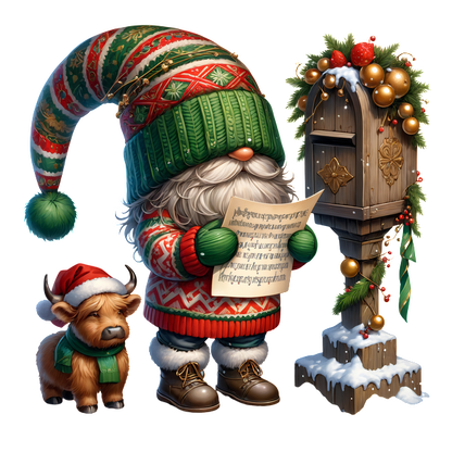 A cheerful gnome in festive attire holds a letter next to a decorated mailbox with a cute dog wearing a Santa hat.DTF Transfers dtf transfers