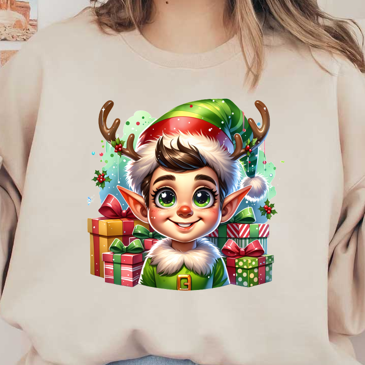 A cheerful young elf wearing a festive green outfit, antlers, and a Santa hat, surrounded by colorful Christmas presents.DTF Transfers dtf prints