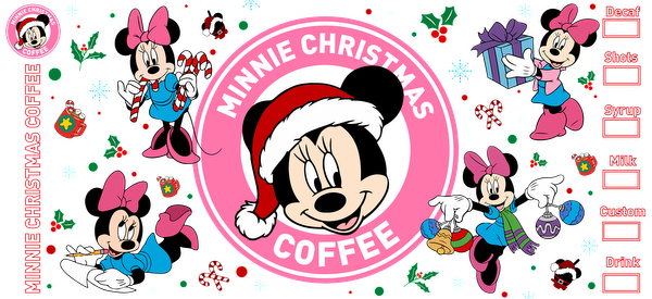 Festively designed "Minnie Christmas Coffee" banner featuring Minnie Mouse in holiday attire surrounded by gifts and seasonal icons.UV Transfers heat press transfers