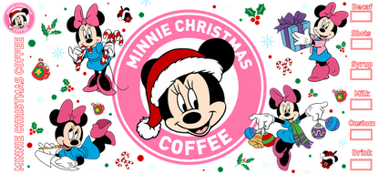 Festively designed "Minnie Christmas Coffee" banner featuring Minnie Mouse in holiday attire surrounded by gifts and seasonal icons.UV Transfers heat press transfers