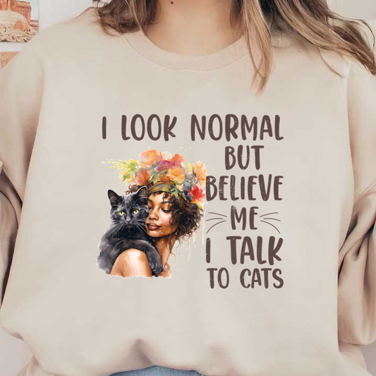 A whimsical illustration of a woman with a floral crown holding a black cat, humorously declaring her connection with cats.dtf regular iron