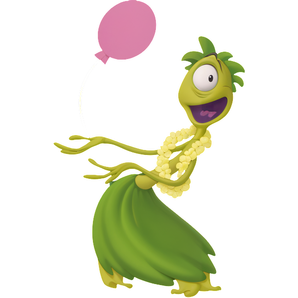 A cheerful green character wearing a hula skirt and lei, joyfully holding a pink balloon.DTF Transfers heat press transfers