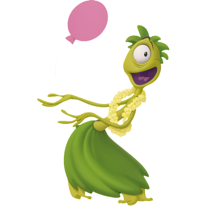 A cheerful green character wearing a hula skirt and lei, joyfully holding a pink balloon.DTF Transfers heat press transfers