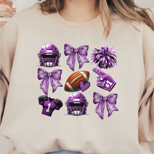 Una colección vibrante de artículos con temática de fútbol de color morado, que incluye cascos, moños, un balón de fútbol y un dedo de espuma n.° 1.