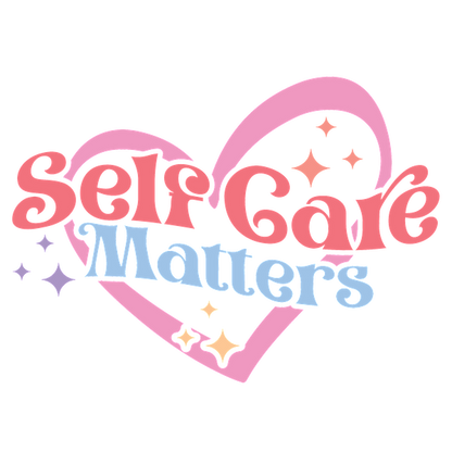 Un diseño colorido que presenta la frase "Self Care Matters" dentro de un corazón, adornado con estrellas y destellos.