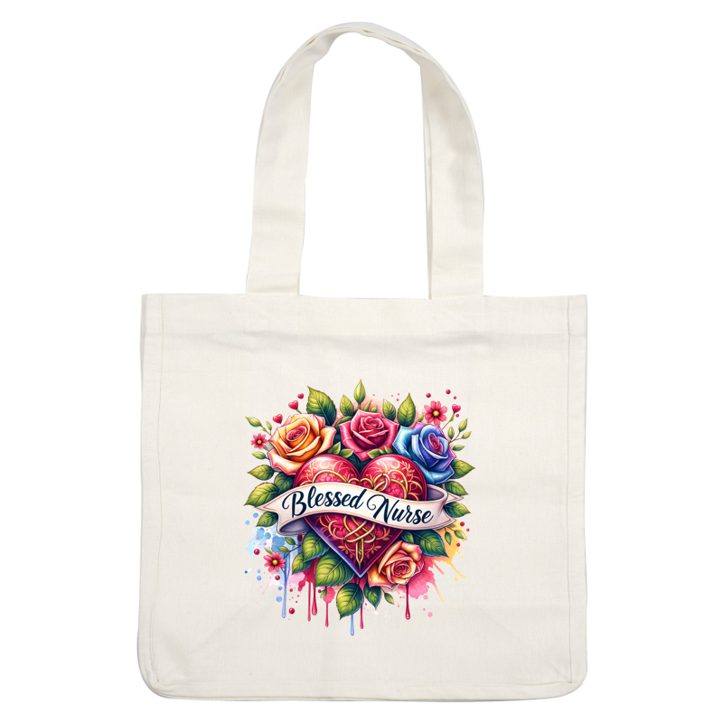 A vibrant design featuring a heart surrounded by colorful roses and the text "Blessed Nurse" on a watercolor backdrop.DTF Transfers