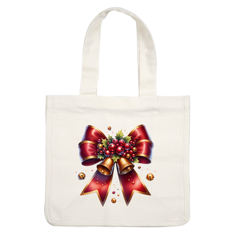 A festive red bow adorned with berries, holly, and golden bells, perfect for holiday decorations. dtf prints