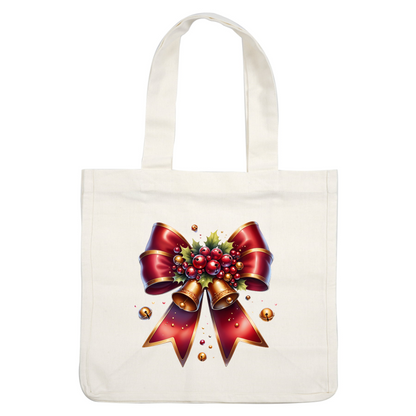 A festive red bow adorned with berries, holly, and golden bells, perfect for holiday decorations. dtf prints