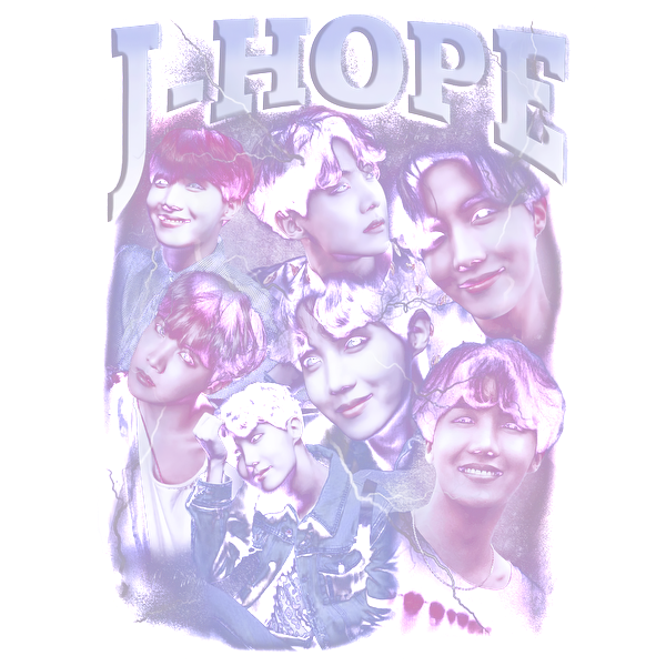 Un collage vibrante de J-Hope con varias expresiones, con capas de tonos morados y letras llamativas, que celebran su personalidad dinámica. Transferencias DTF