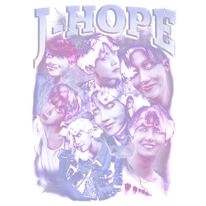 Un collage vibrante de J-Hope con varias expresiones, con capas de tonos morados y letras llamativas, que celebran su personalidad dinámica. Transferencias DTF