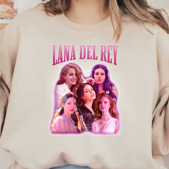 A vibrant collage featuring multiple stylish portraits of Lana Del Rey, highlighted by a pink glow and bold lettering.DTF Transfersdtf regular iron