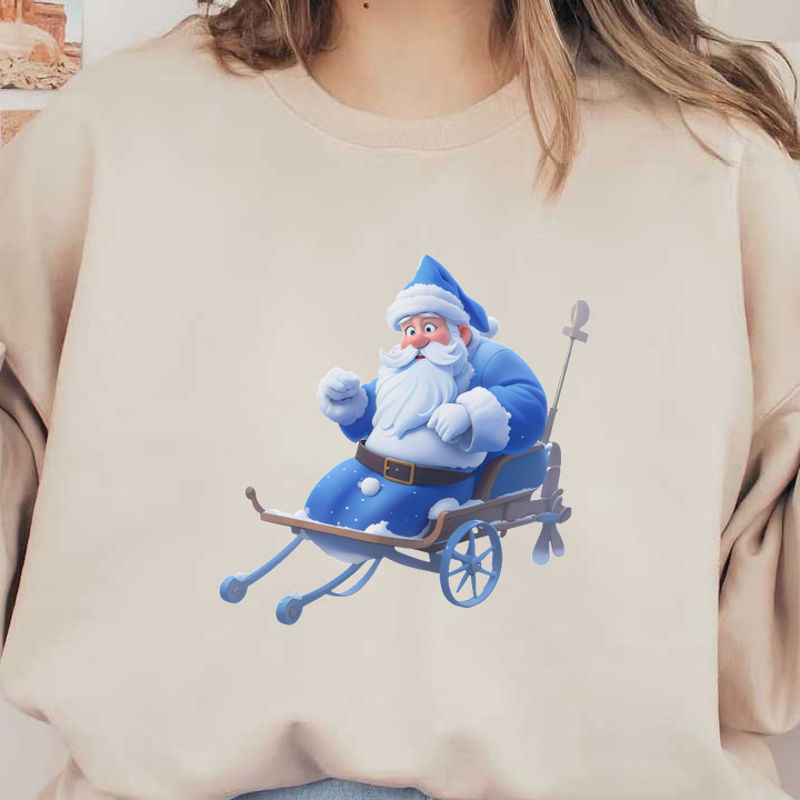 A cheerful, cartoon-style Santa Claus wearing a blue outfit, joyfully riding a vintage sled.DTF Transfers heat press transfers