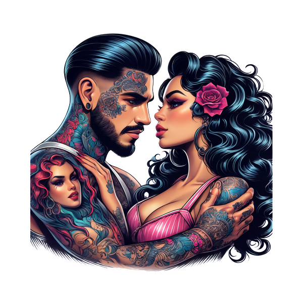 A vibrant tattoo-inspired illustration of a couple embracing, surrounded by intricate designs, showcasing their love and individuality.DTF Transfers heat press transfers