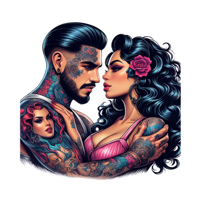 A vibrant tattoo-inspired illustration of a couple embracing, surrounded by intricate designs, showcasing their love and individuality.DTF Transfers heat press transfers