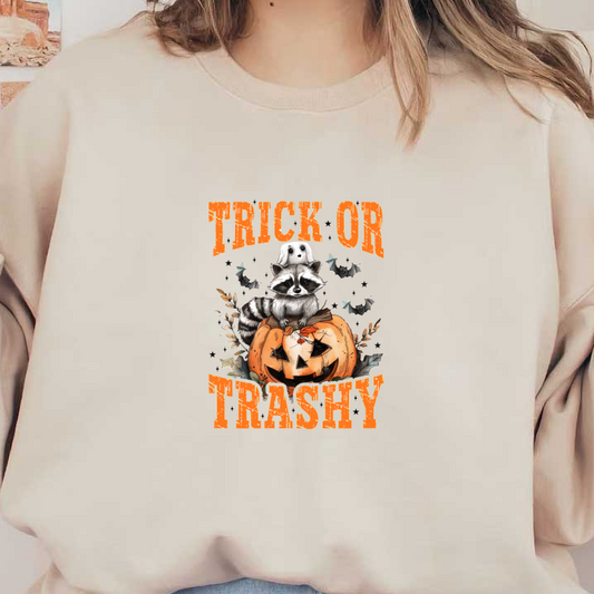 Adorable raccoon perched on a pumpkin with the playful phrase "Trick or Trashy," perfect for Halloween festivities!dtf regular iron