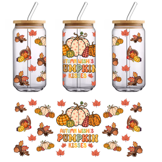 A cute autumn-themed design featuring colorful pumpkins, autumn leaves, and the cheerful phrase "Autumn Wishes Pumpkin Kisses."UV Transfers dtf prints