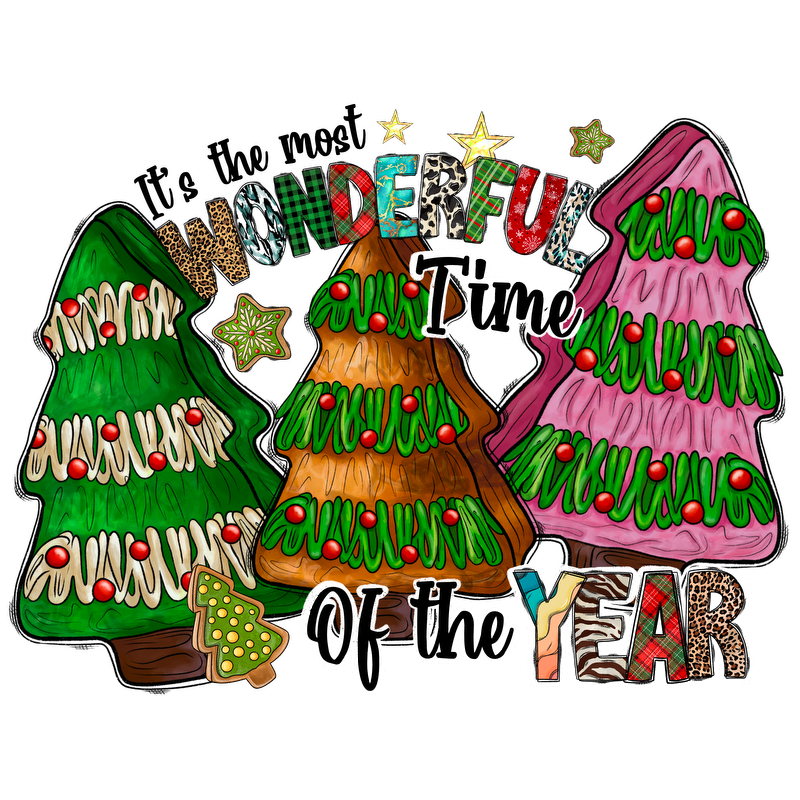 Celebrate the holiday season with whimsical, colorful Christmas trees and cheerful lettering saying "Wonderful Time of the Year."DTF Transfers heat press transfers