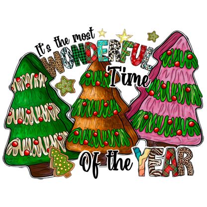 Celebrate the holiday season with whimsical, colorful Christmas trees and cheerful lettering saying "Wonderful Time of the Year."DTF Transfers heat press transfers