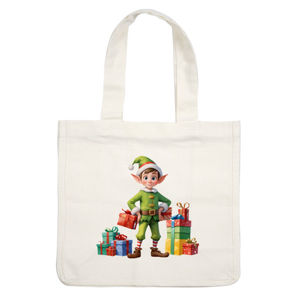 A cheerful Christmas elf in a green outfit holds a gift, surrounded by colorful wrapped presents.DTF Transfersdtf regular iron