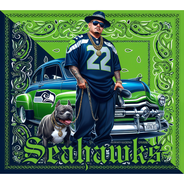 Una ilustración vibrante que presenta a un fanático del fútbol con una camiseta de los Seahawks, un perro elegante y un auto clásico de fondo.