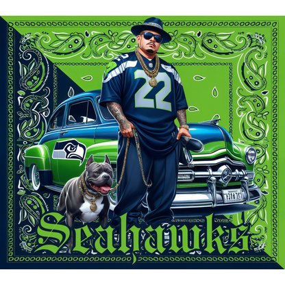 Una ilustración vibrante que presenta a un fanático del fútbol con una camiseta de los Seahawks, un perro elegante y un auto clásico de fondo.