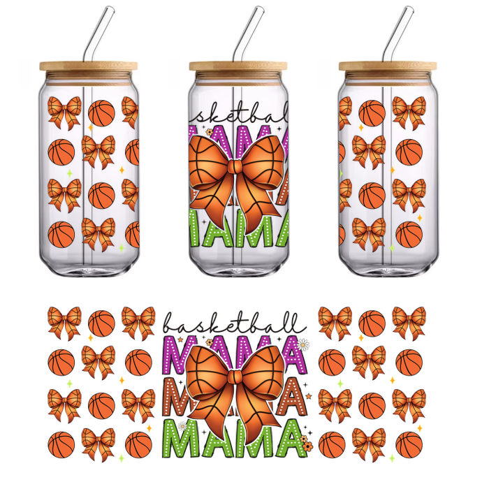 A vibrant design celebrating basketball moms, featuring colorful "MAMA" text, playful basketballs, and a large decorative bow.UV Transfersdtf regular iron