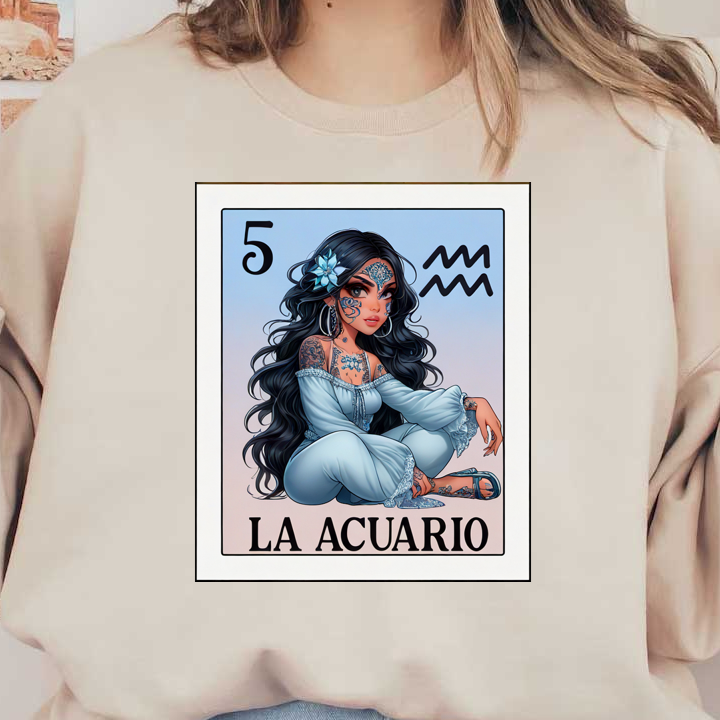 Una tarjeta bellamente ilustrada que presenta a una mujer con cabello largo, tatuajes y un acento floral, que encarna el signo de Acuario.