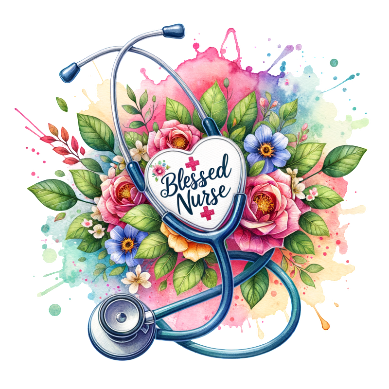 A vibrant watercolor design featuring a stethoscope entwined with colorful flowers, highlighting the phrase "Blessed Nurse."DTF Transfers