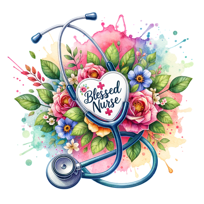 A vibrant watercolor design featuring a stethoscope entwined with colorful flowers, highlighting the phrase "Blessed Nurse."DTF Transfers