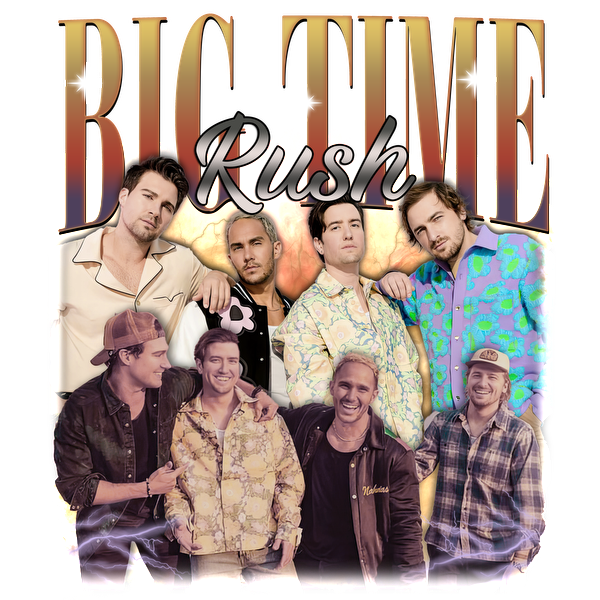 Un collage vibrante que muestra a los miembros de Big Time Rush, con atuendos coloridos y un ambiente animado y enérgico. Transferencias DTF